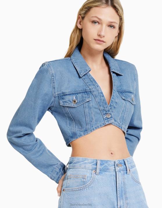 hellblau Bershka Frauen Kurze Jeansjacke mit gepolsterten Schultern H00J1101