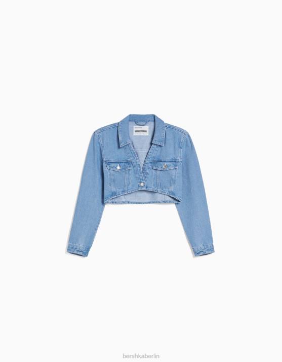 hellblau Bershka Frauen Kurze Jeansjacke mit gepolsterten Schultern H00J1101