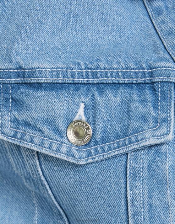 hellblau Bershka Frauen Kurze Jeansjacke mit gepolsterten Schultern H00J1101