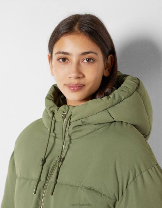 khaki Bershka Frauen Übergroße Pufferjacke mit Kapuze H00J1130