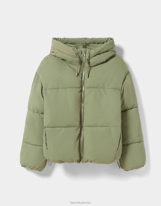 khaki Bershka Frauen Übergroße Pufferjacke mit Kapuze H00J1130