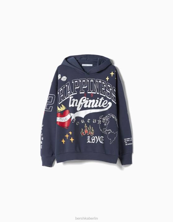 Dunkelblau Bershka Frauen Bedruckter Kapuzenpullover H00J1278