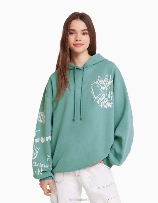 Grün Bershka Frauen Bedruckter Kapuzenpullover H00J1252