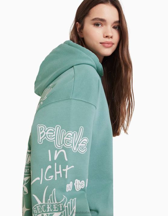 Grün Bershka Frauen Bedruckter Kapuzenpullover H00J1252