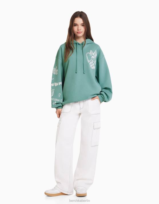 Grün Bershka Frauen Bedruckter Kapuzenpullover H00J1252