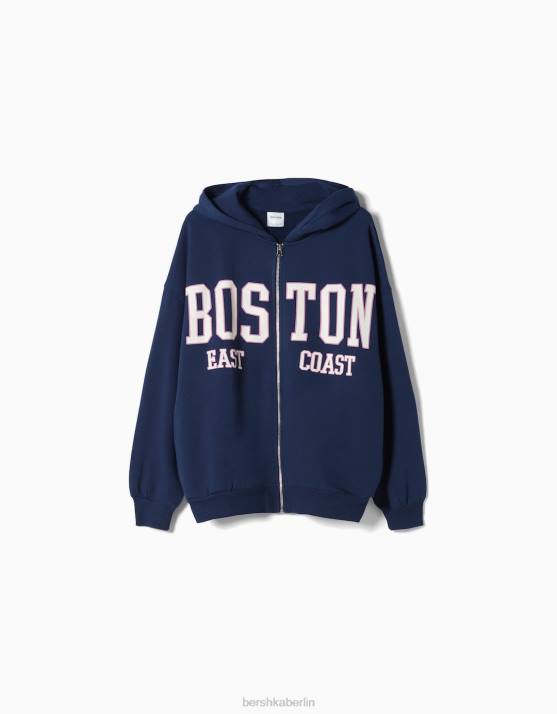 Marine Bershka Frauen Kapuzenpullover mit College-Print und Reißverschluss H00J1270