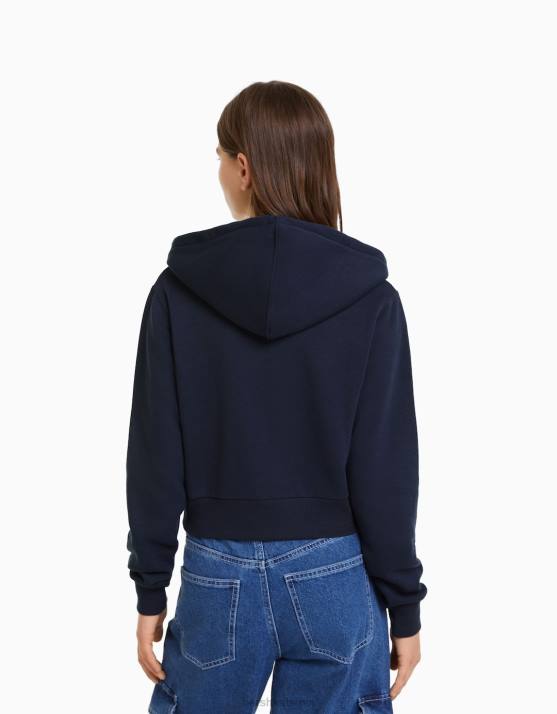 Marine Bershka Frauen Kurzer Kapuzenpullover mit Reißverschluss H00J1267