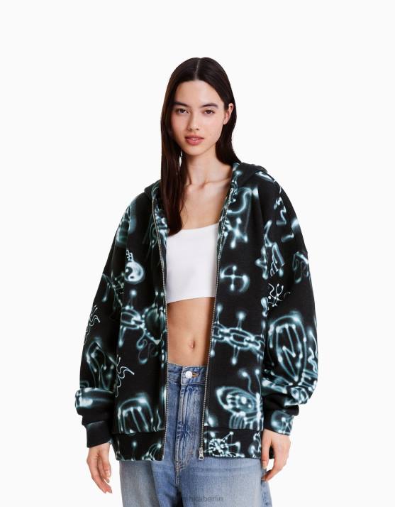 Schwarz Alehsy x Bershka Frauen Bedruckter Kapuzenpullover mit Reißverschluss H00J1214
