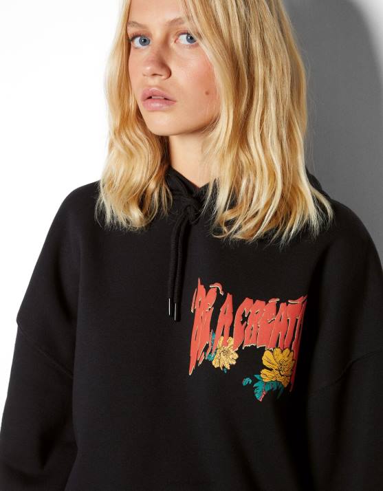 Schwarz Bershka Frauen Bedruckter Kapuzenpullover H00J1243