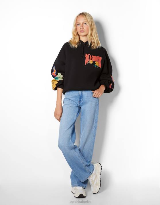 Schwarz Bershka Frauen Bedruckter Kapuzenpullover H00J1243