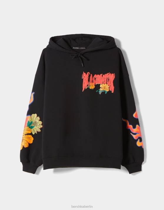 Schwarz Bershka Frauen Bedruckter Kapuzenpullover H00J1243