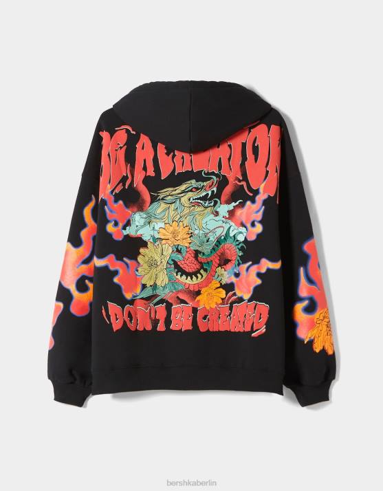 Schwarz Bershka Frauen Bedruckter Kapuzenpullover H00J1243