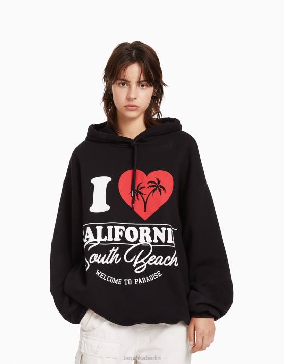 Schwarz Bershka Frauen Bedruckter Kapuzenpullover H00J1273