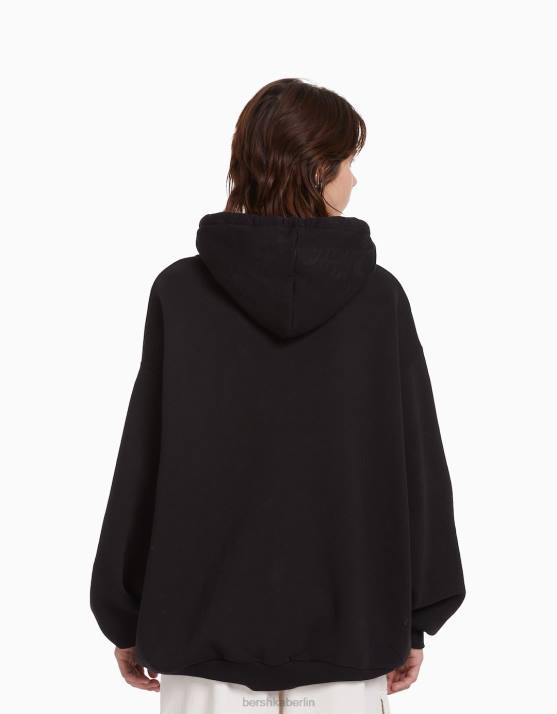 Schwarz Bershka Frauen Bedruckter Kapuzenpullover H00J1273