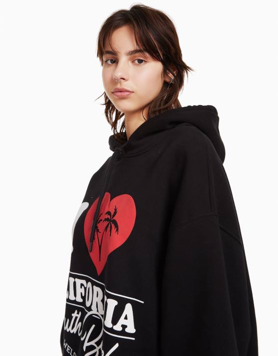 Schwarz Bershka Frauen Bedruckter Kapuzenpullover H00J1273