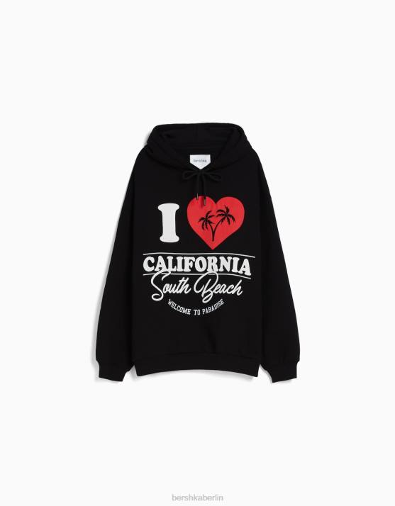 Schwarz Bershka Frauen Bedruckter Kapuzenpullover H00J1273