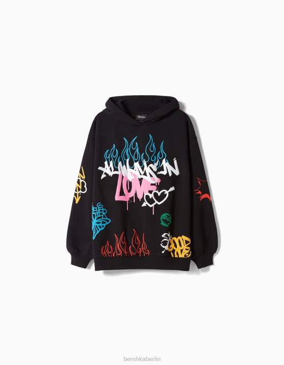 Schwarz Bershka Frauen Kapuzenpullover mit Graffiti-Print H00J1281