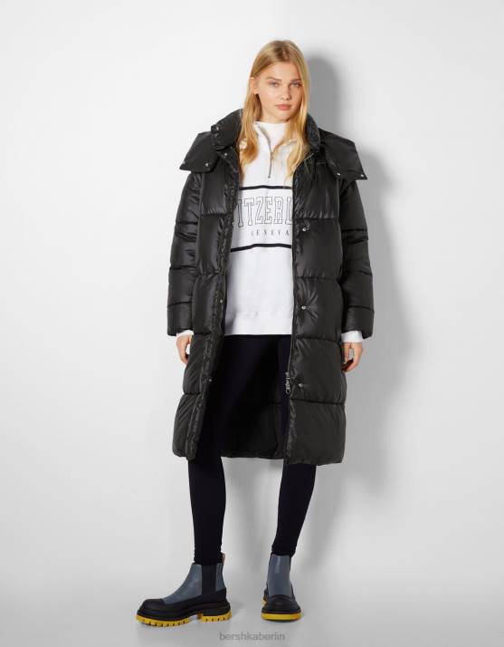 Schwarz Bershka Frauen Langer Kapuzen-Puffermantel H00J1150