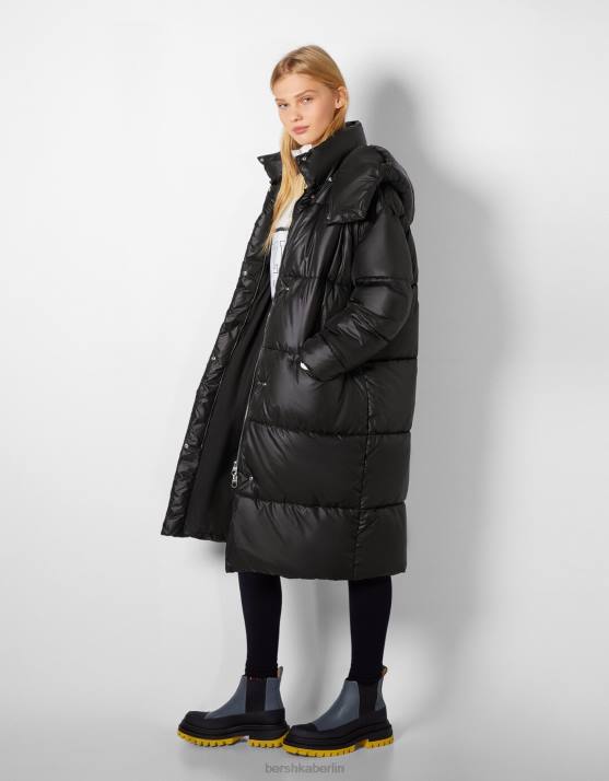 Schwarz Bershka Frauen Langer Kapuzen-Puffermantel H00J1150