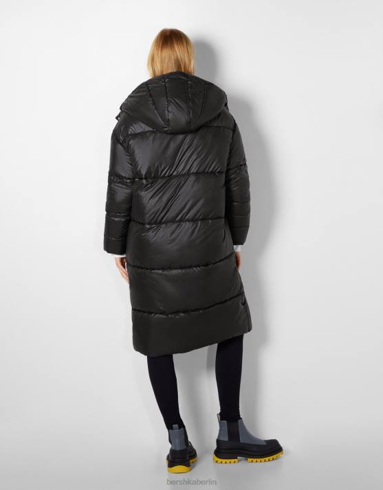 Schwarz Bershka Frauen Langer Kapuzen-Puffermantel H00J1150