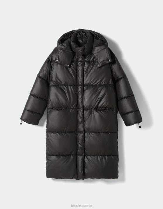Schwarz Bershka Frauen Langer Kapuzen-Puffermantel H00J1150