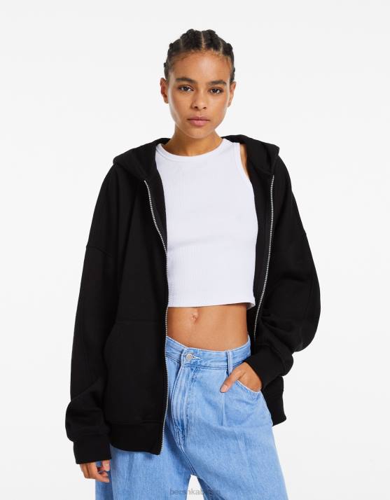Schwarz Bershka Frauen Übergroßer Kapuzenpullover mit Reißverschluss H00J1228