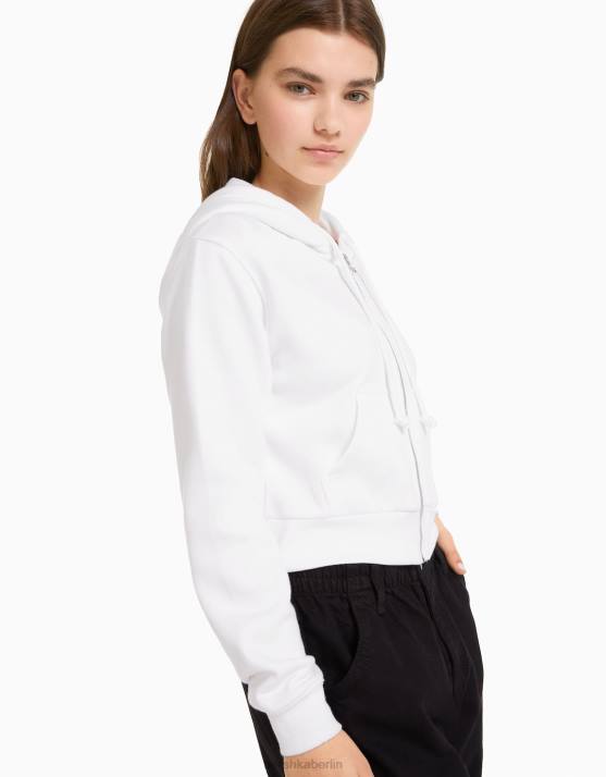 Weiss Bershka Frauen Kurzer Kapuzenpullover mit Reißverschluss H00J1265