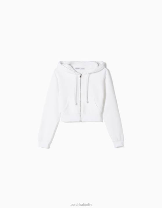 Weiss Bershka Frauen Kurzer Kapuzenpullover mit Reißverschluss H00J1265