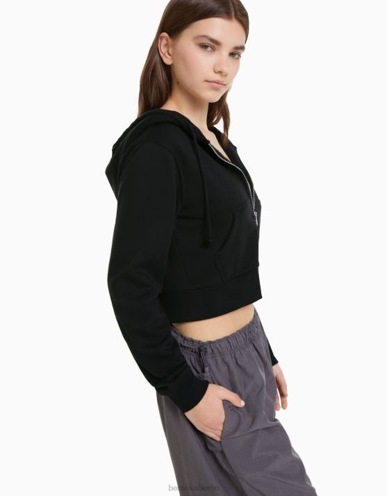 dunkelgrau Bershka Frauen Kurzer Kapuzenpullover mit Reißverschluss H00J1268
