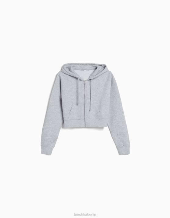 grau Bershka Frauen Kurzer Kapuzenpullover mit Reißverschluss H00J1266