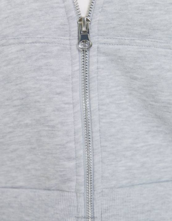 grau Bershka Frauen Kurzer Kapuzenpullover mit Reißverschluss H00J1266