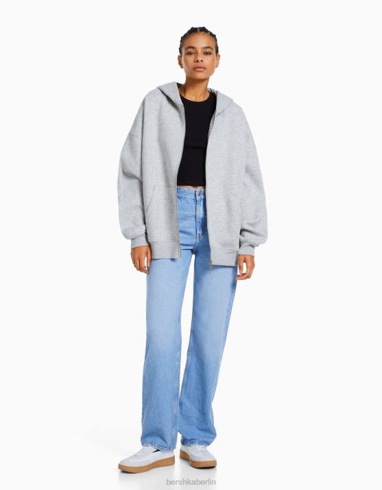 grau Bershka Frauen Übergroßer Kapuzenpullover mit Reißverschluss H00J1227