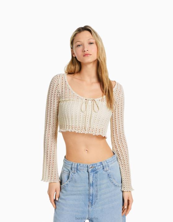 Beige Bershka Frauen Häkelpullover mit langen, ausgestellten Ärmeln H00J985