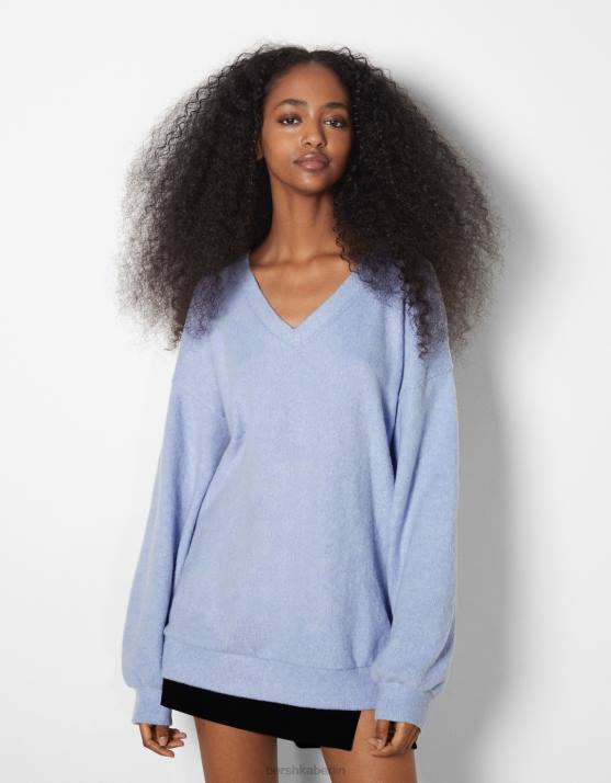 Blau Bershka Frauen V-Ausschnitt-Sweater H00J1004