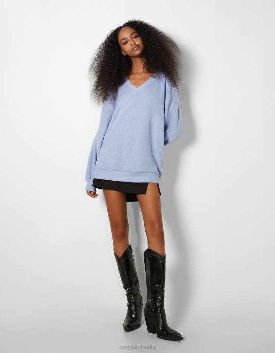 Blau Bershka Frauen V-Ausschnitt-Sweater H00J1004