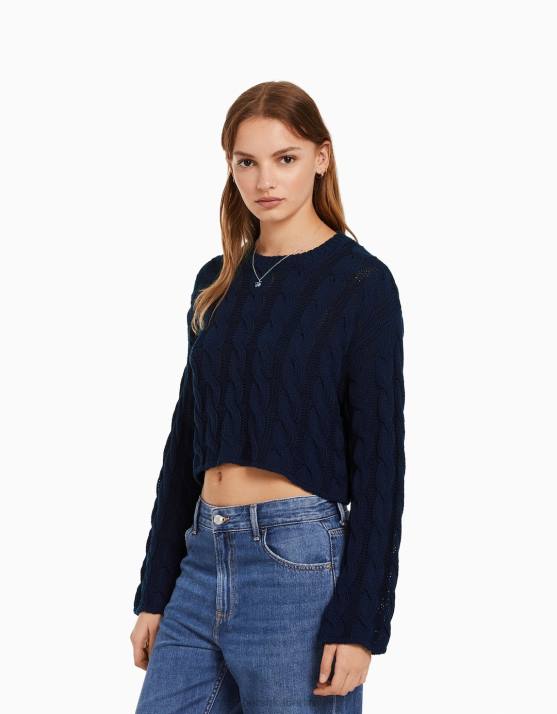 Blau Bershka Frauen Zopfstrickpullover mit Rundhalsausschnitt H00J1087