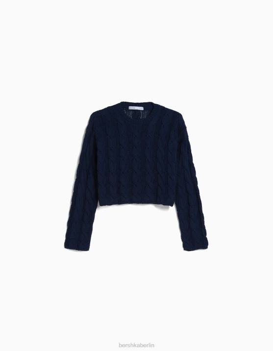 Blau Bershka Frauen Zopfstrickpullover mit Rundhalsausschnitt H00J1087
