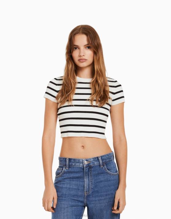 Creme Bershka Frauen Gerippter Kurzarmpullover H00J611