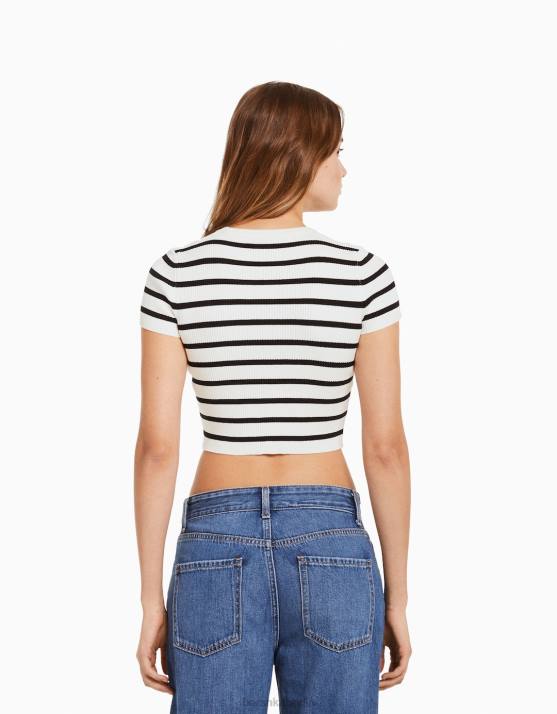 Creme Bershka Frauen Gerippter Kurzarmpullover H00J611