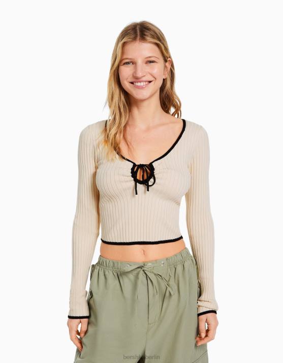 Creme Bershka Frauen Gerippter Langarmpullover mit Schleifenausschnitt H00J1027