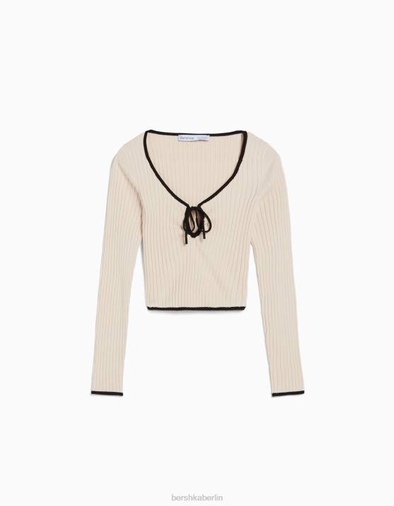 Creme Bershka Frauen Gerippter Langarmpullover mit Schleifenausschnitt H00J1027
