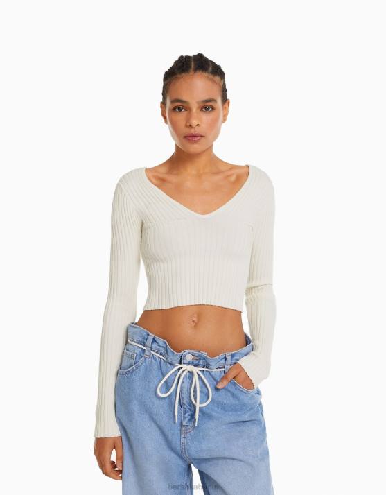 Creme Bershka Frauen Gerippter Pullover mit V-Ausschnitt H00J979