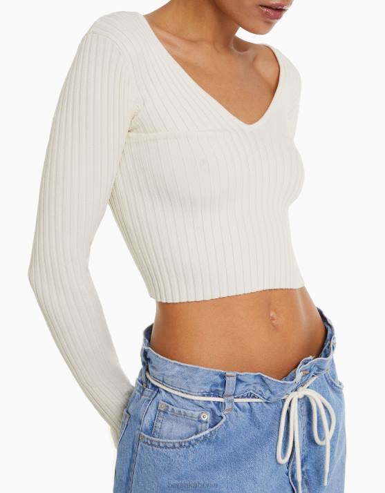 Creme Bershka Frauen Gerippter Pullover mit V-Ausschnitt H00J979