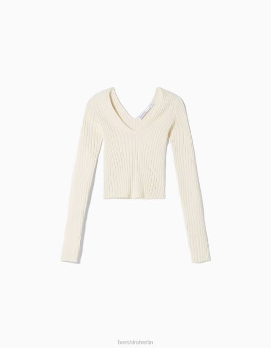 Creme Bershka Frauen Gerippter Pullover mit V-Ausschnitt H00J979