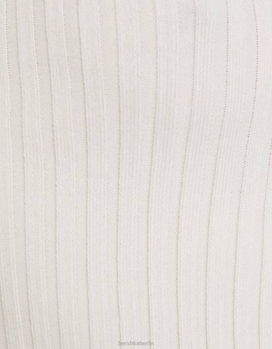 Creme Bershka Frauen Gerippter Pullover mit V-Ausschnitt H00J979