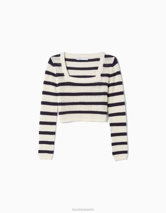 Creme Bershka Frauen Gestreifter Pullover mit quadratischem Ausschnitt H00J1082