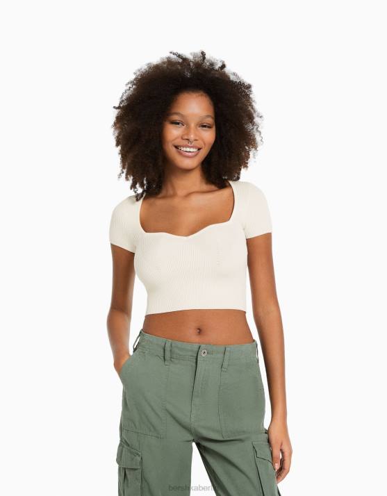 Creme Bershka Frauen Kurzärmliger Strickpullover mit herzförmigem Ausschnitt H00J541