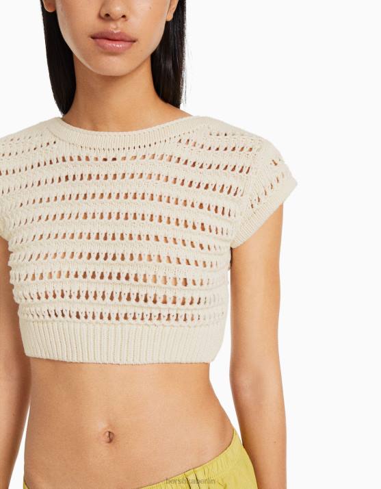 Creme Bershka Frauen Kurzärmliger, offener Strickpullover H00J424