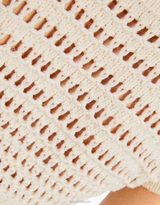 Creme Bershka Frauen Kurzärmliger, offener Strickpullover H00J424