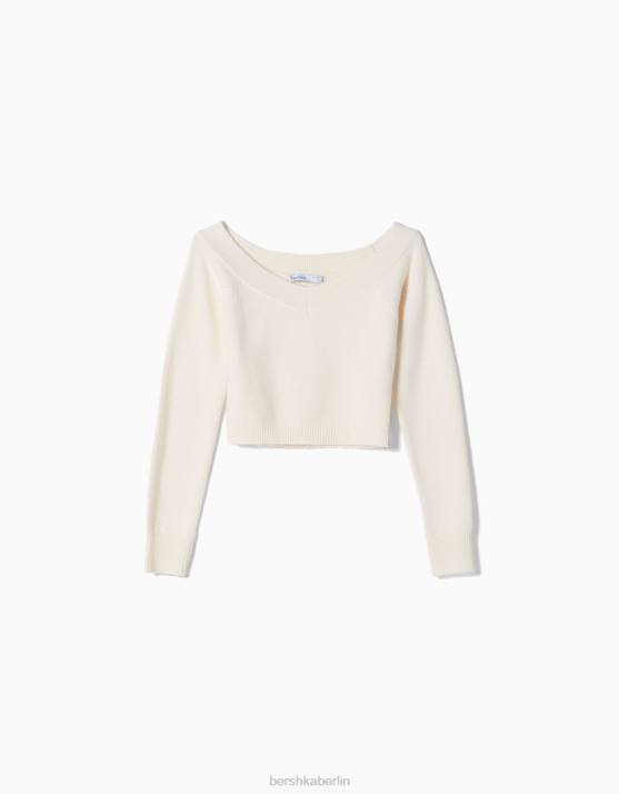 Creme Bershka Frauen Kurzer Pullover mit V-Ausschnitt H00J1091